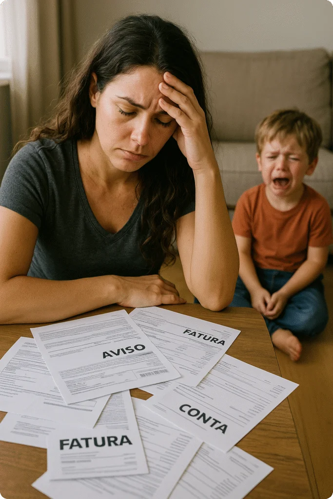 Mãe estressada com contas na mesa ao lado do filho