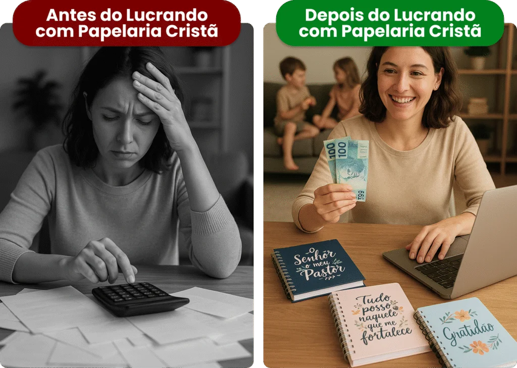 Antes e depois do Lucrando com Papelaria Cristã: mulher estressada calculando contas versus mulher sorrindo com dinheiro e cadernos cristãos