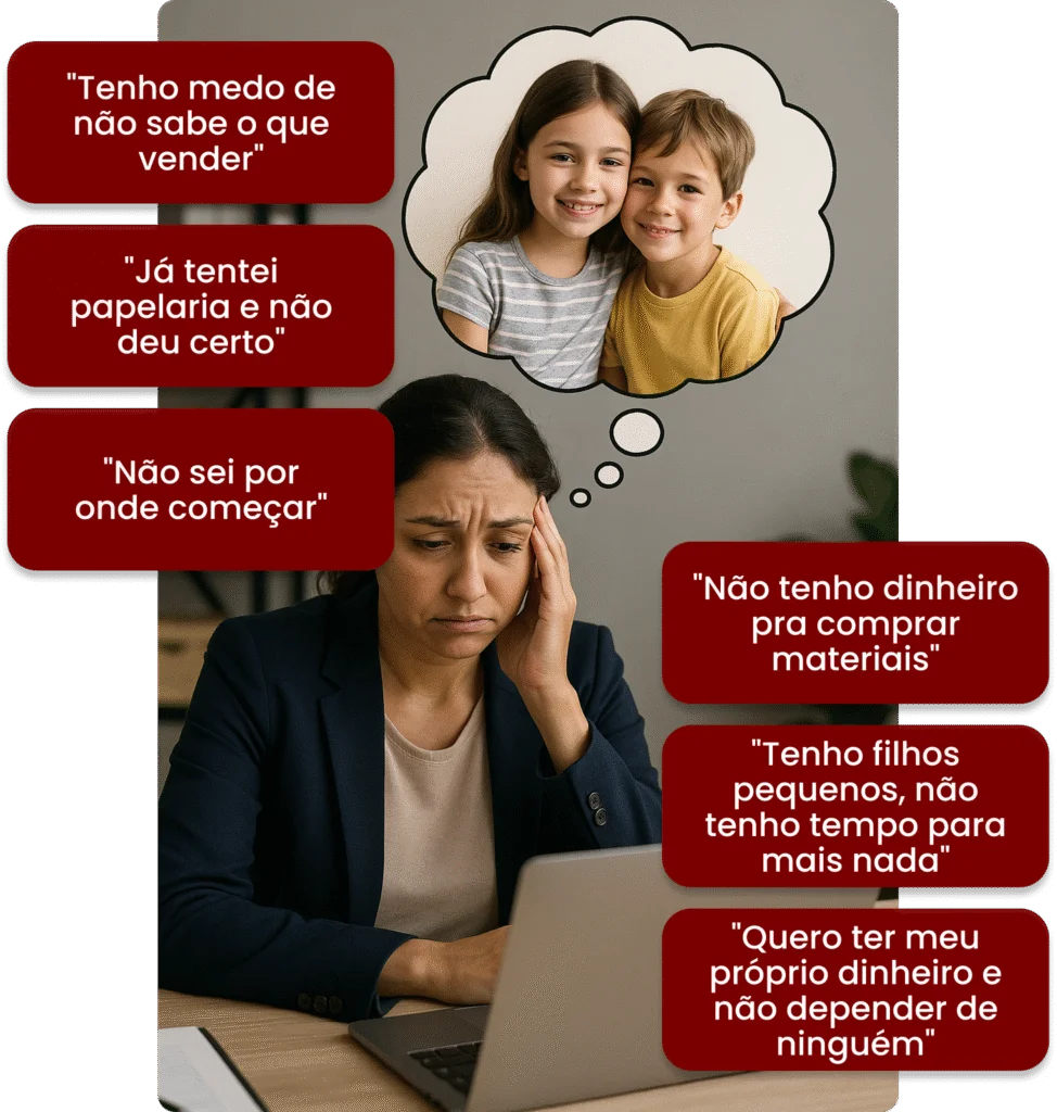 Mulher preocupada pensando em medos sobre empreender, com pensamentos sobre os filhos