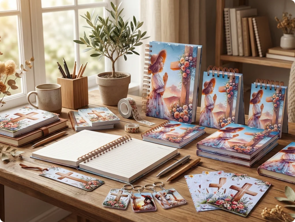 Mesa com cadernos e produtos cristãos personalizados prontos para vender