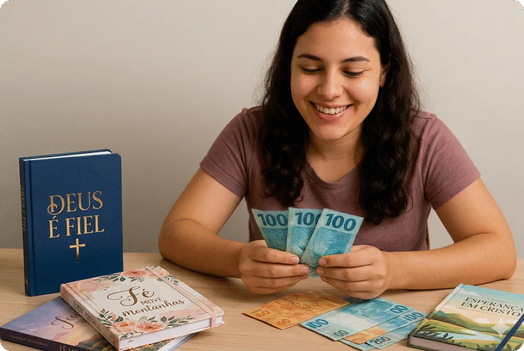 Mulher sorrindo contando dinheiro ao lado da bíblia