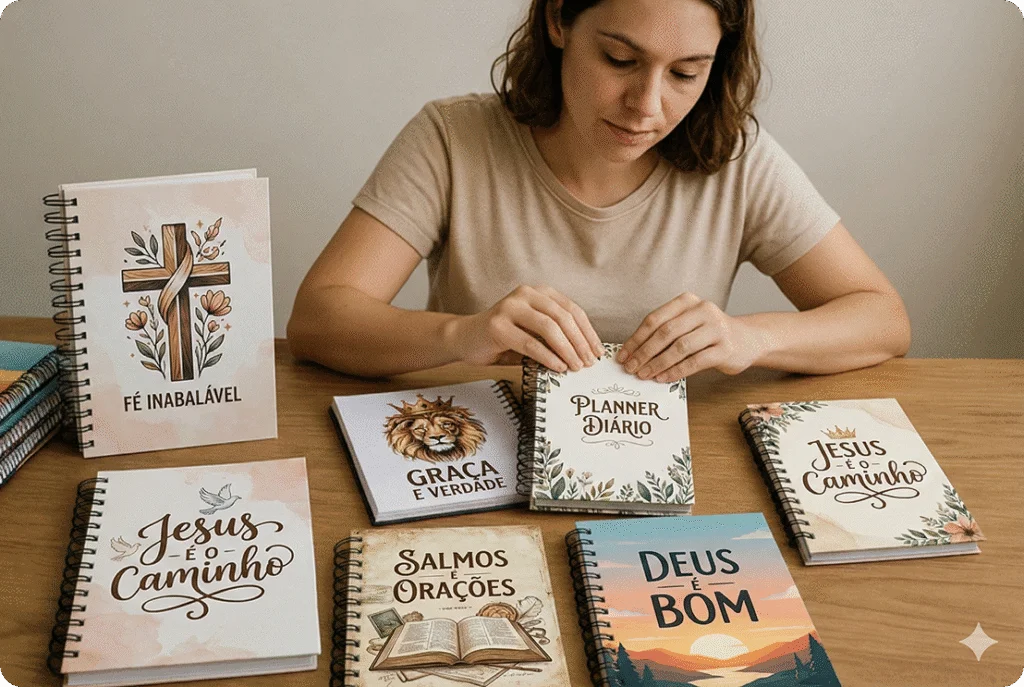 Mulher organizando cadernos cristãos personalizados na mesa